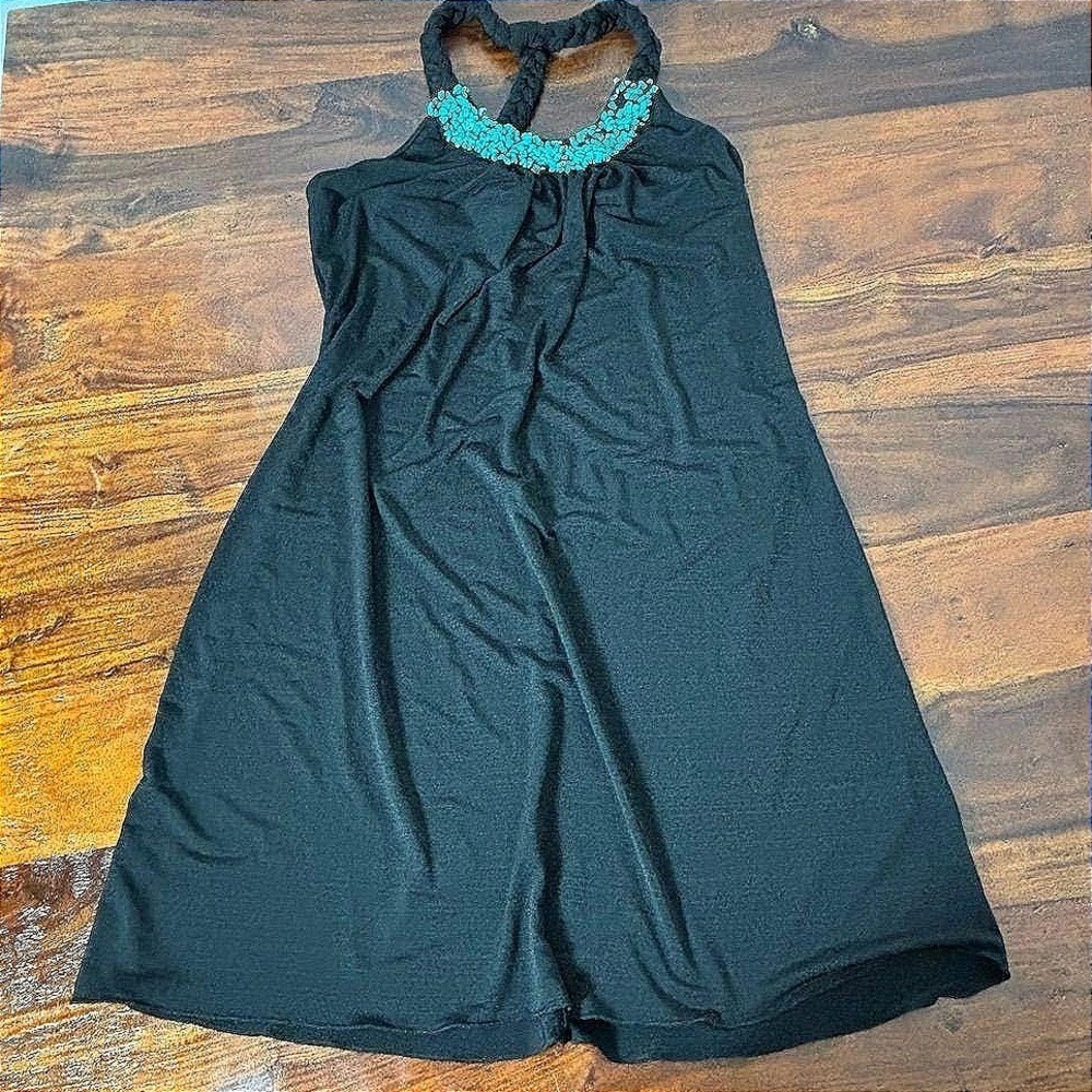 A. Byer Vintage Black Halter‎ Dress Turquoise Stone Neckline Braided Racerback M